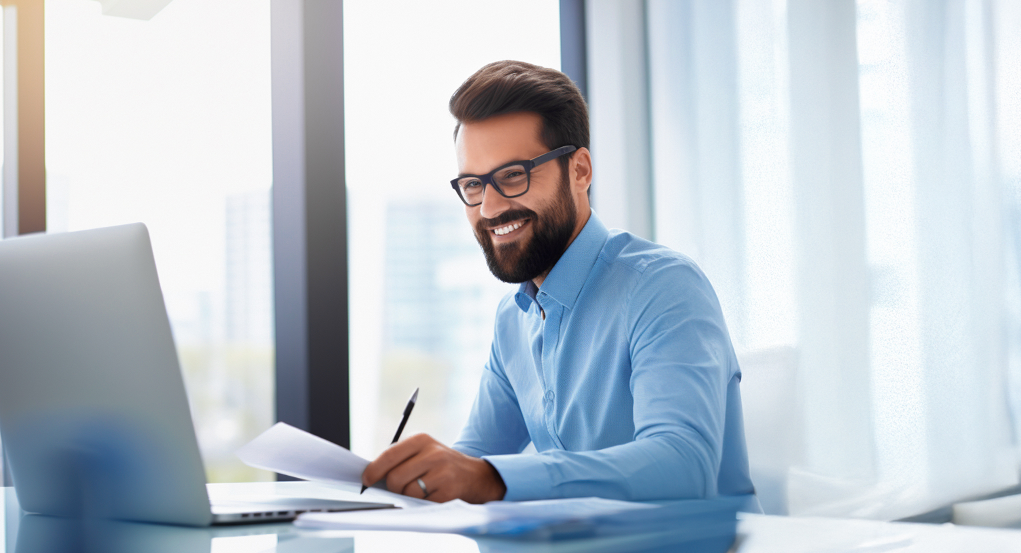 Consultor sorridente no escritório analisando documentos